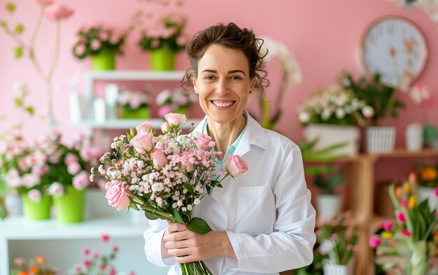 Vrouwelijke bloemist in haar bloemenwinkel met roze rozen en pastelbloemen Moederdagconcept