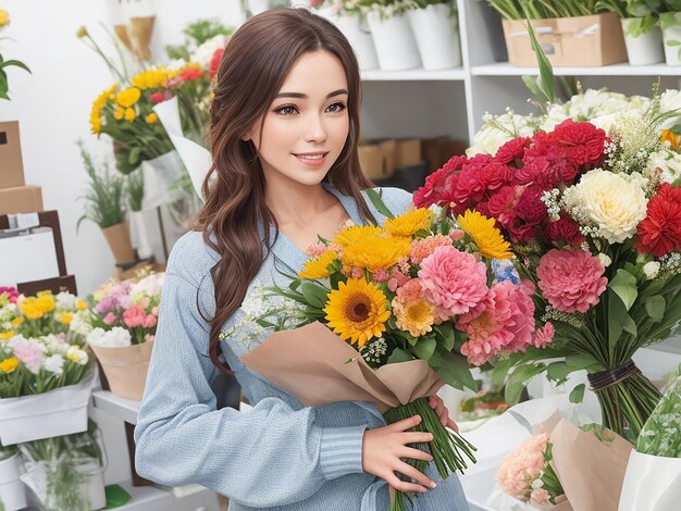 Vrouwelijke bloemist met een prachtig boeket in een bloemenwinkel