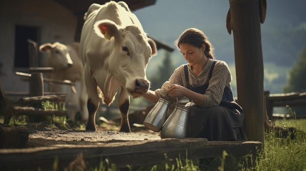 Vrouwelijke boer die koeien verzorgt op een kleine boerderij hoog in de bergen Milieuvriendelijk product Huisgemaakte melk