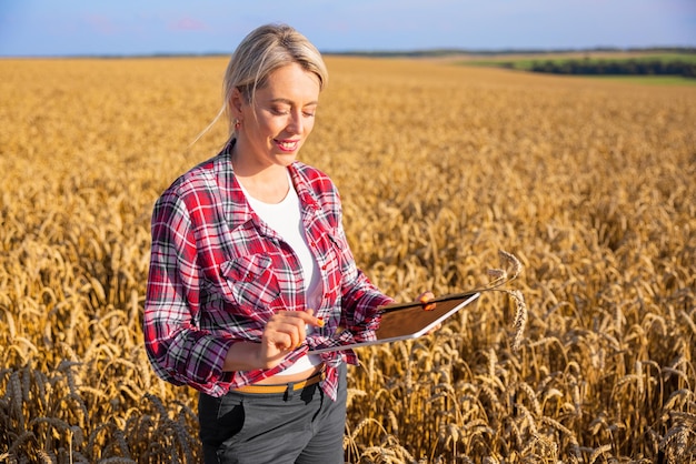 Vrouwelijke boer met behulp van digitale tablet in tarweveld