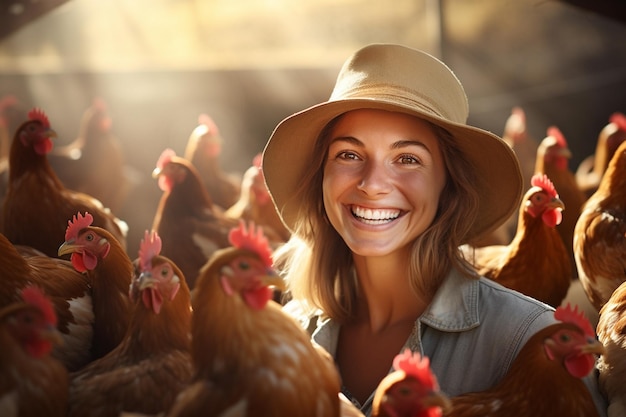 Vrouwelijke boer op een kippenboerderij overdag met generatieve AI