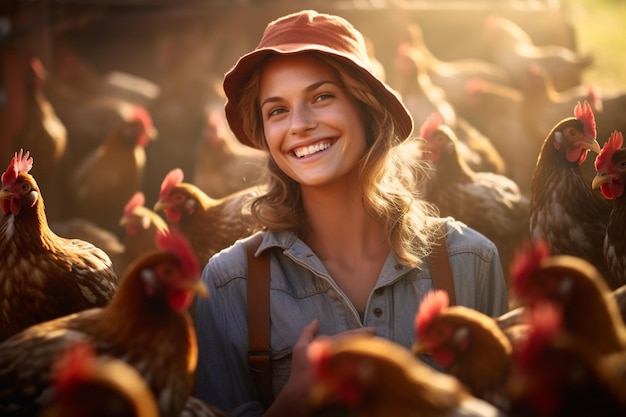 Vrouwelijke boer op een kippenboerderij overdag met generatieve AI