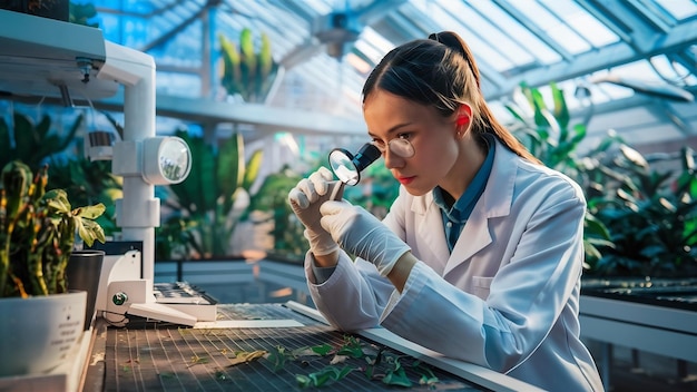 Vrouwelijke botanicus onderzoekt een plantenmonster tijdens een kwaliteitscontrole-inspectie in een kas