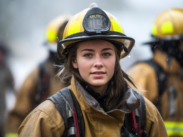 Foto vrouwelijke brandweerman bestrijdt dapper het vuur