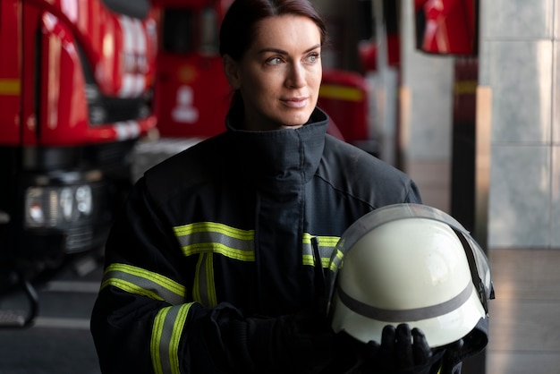 Vrouwelijke brandweerman in pak klaar voor werk