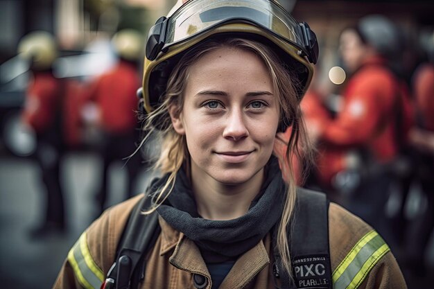 Vrouwelijke brandweerman staat zelfverzekerd in haar uniform klaar om elke uitdaging aan te gaan Generatieve AI