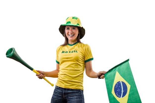 Vrouwelijke Braziliaanse fan vieren op een witte ruimte.