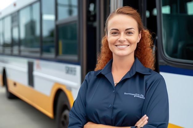 Vrouwelijke buschauffeur AI gegenereerd