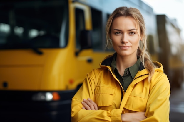 Vrouwelijke buschauffeur staat buiten in een stedelijke omgeving