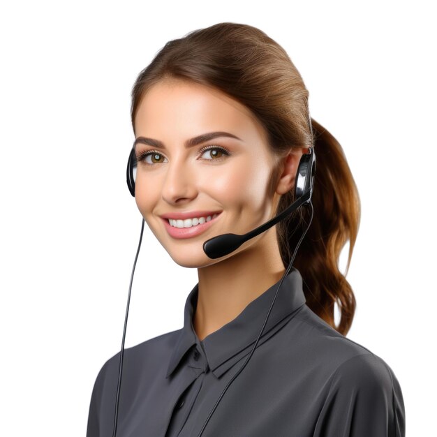 Vrouwelijke call center agent met hoofdtelefoon geïsoleerd op witte achtergrond Medewerker technische ondersteuning op het werk