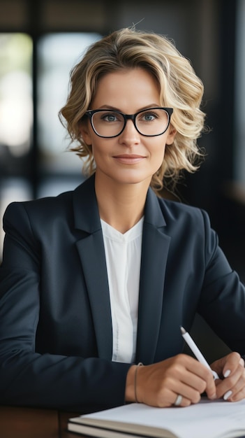 Foto vrouwelijke ceo zit aan een bureau met pen en kijkt naar papierwerk