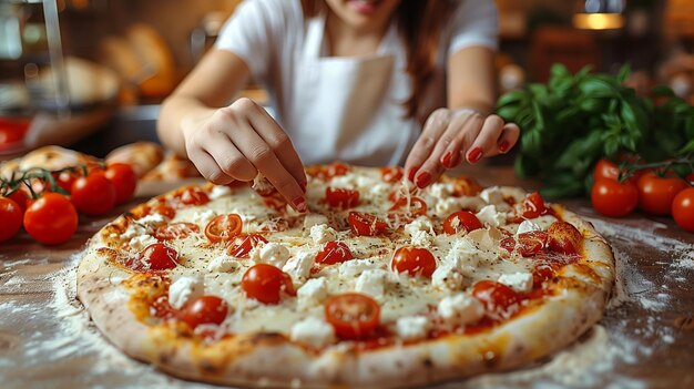 Vrouwelijke chef-kok bereidt pizza voor met het toevoegen van ingrediënten in een Italiaanse pizzeria zelfgemaakte pizza