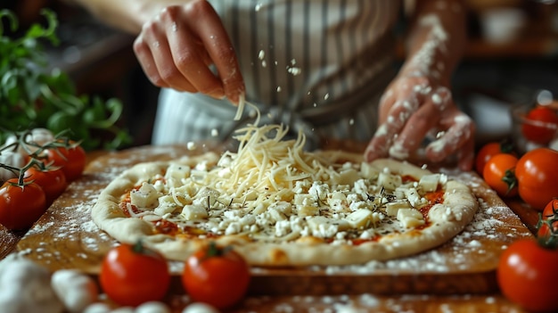 Vrouwelijke chef-kok bereidt pizza voor met het toevoegen van ingrediënten in een Italiaanse pizzeria zelfgemaakte pizza