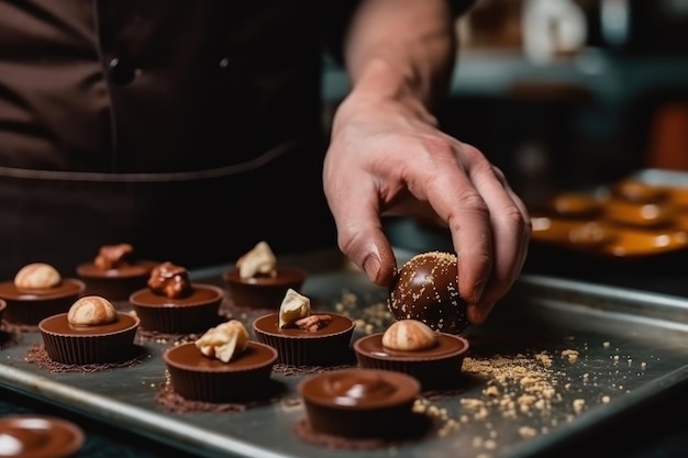 Vrouwelijke chef-kok-chocolatier die werkt in ambachtelijk professioneel chocoladelaboratorium AI Generative