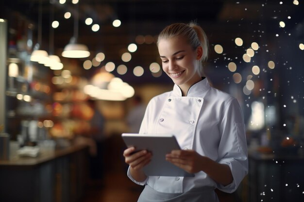 Vrouwelijke chef-kok die een tablet vasthoudt om klanten te verwelkomen in een restaurant