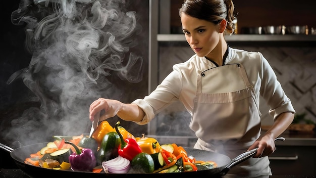 Vrouwelijke chef-kok die groenten in een pan kookt