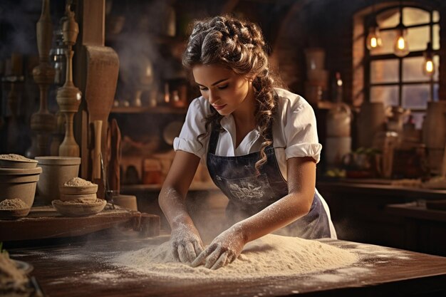 Vrouwelijke chef-kok die haar handen met meel bestrooit voordat ze pizza deeg hanteert