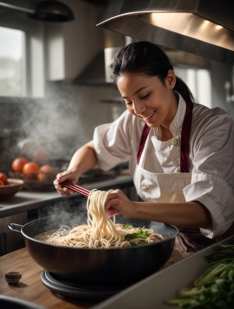 vrouwelijke chef-kok die noedels maakt in de keuken met vliegende groenten