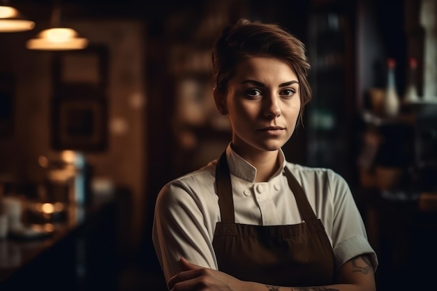 Foto vrouwelijke chef-kok die zich in haar keuken in een klein restaurant in italiaanse stijl bevindt. portret van een jong bedrijf