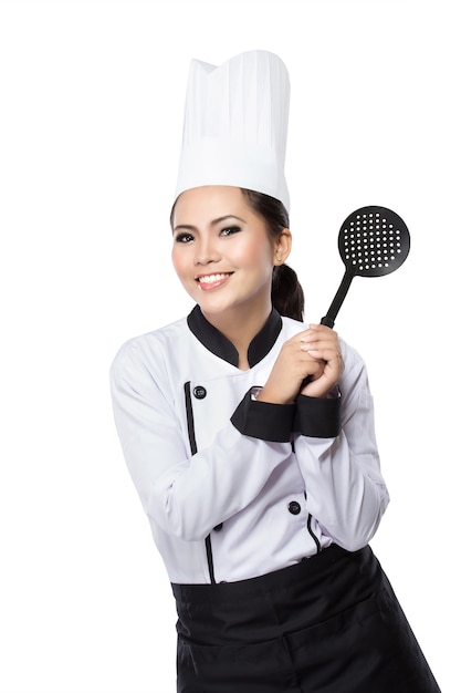 Foto vrouwelijke chef-kok klaar om te koken