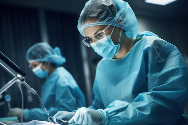 Vrouwelijke chirurg op het werk Dokter medische werknemer vrouwelijke laboratoriumassistent in blauwe medische overalls petmasker en handschoenen op het werk Ziekenhuis Medisch werk biochemisch laboratoriumonderzoek Geneeskunde