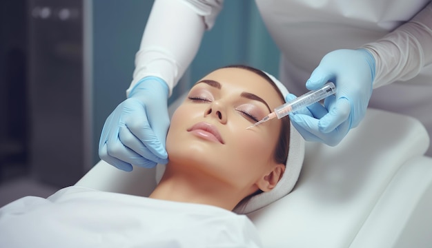 Vrouwelijke cliënt tijdens injecties met gezichtsvuller in de medische kliniek Schoonheidsinjectie Anti Aging Non