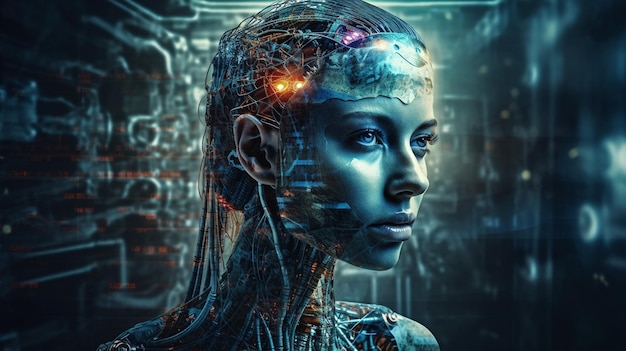 Vrouwelijke cyborg met circuithersenen en binaire codegeneratieve ai