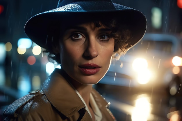 Vrouwelijke detective in hoed en jas op nachtstraat in regen Generatieve AI