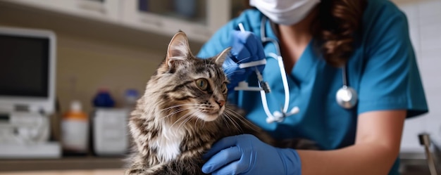 Vrouwelijke dierenarts geeft vaccinatie aan een kat Dierarts in scrubs en handschoenen kat op de onderzoekstafel