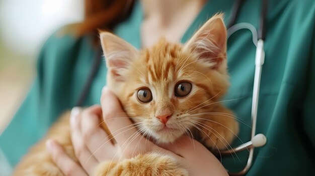 Vrouwelijke dierenarts houdt een zieke kat in de buurt Diagnose van huisdieren gezondheidskliniek concept