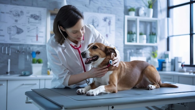 Vrouwelijke dierenarts onderzoekt de hond met een stethoscoop op tafel in de kliniek