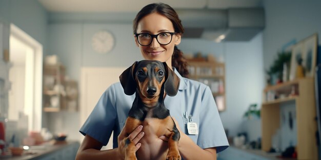 Foto vrouwelijke dierenartshoudende hond