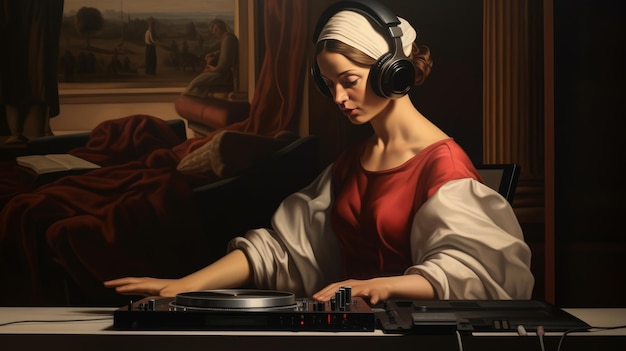 Vrouwelijke DJ in een schilderij van een renaissancekunstenaar