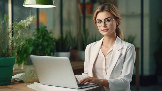 Foto vrouwelijke dokter met laptop aan tafel