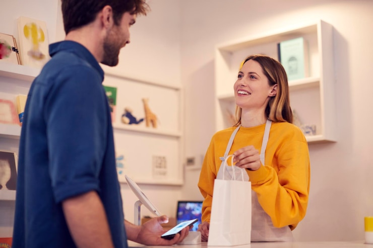Foto vrouwelijke eigenaar van een klein bedrijf die contactloze betaling in de winkel accepteert van klant die mobiele telefoon gebruikt