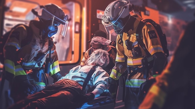 Vrouwelijke en mannelijke ems-paramedici bieden medische hulp aan een gewonde patiënt op weg naar een ziekenhuis