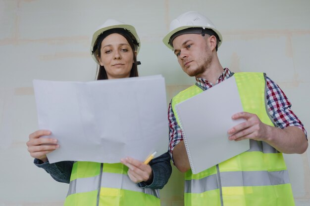 Foto vrouwelijke en mannelijke ingenieurs in witte helmen en gele veiligheidsvesten op de bouwplaats om