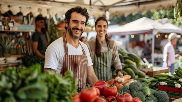 Vrouwelijke en mannelijke Italiaanse partners Beheer van een klein familiebedrijf voor de verkoop van boerderijgroenten