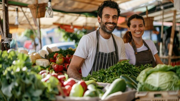 Vrouwelijke en mannelijke Italiaanse partners Beheer van een klein familiebedrijf voor de verkoop van boerderijgroenten