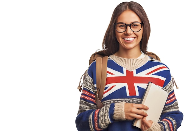 Foto vrouwelijke engelse student met een bril en