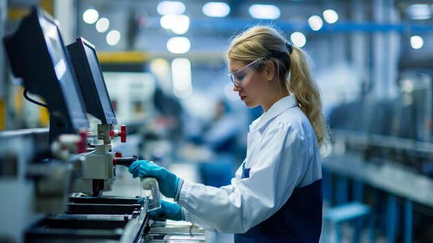 Vrouwelijke fabrieksarbeider die aan de productielijn werkt Vrouw die ijverig machines bedient op een fabrieksproductielijn die de efficiëntie en toewijding in industriële omgevingen belichaamt