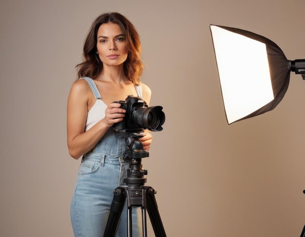 Vrouwelijke fotograaf met camera op een statief in een studio met verlichtingsapparatuur