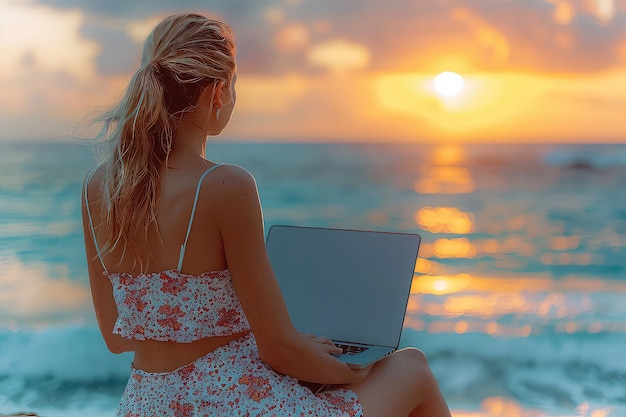 Foto vrouwelijke freelancer met laptop op het strand tijdens zonsondergang werkplaats van een kluizenaar freelancer de