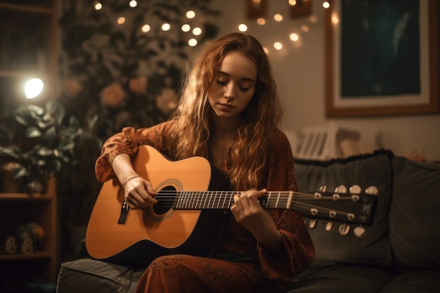 Vrouwelijke gemengde jonge volwassene die gitaar speelt in de muziek van de woonkameractiviteit Generatieve AI AIG23