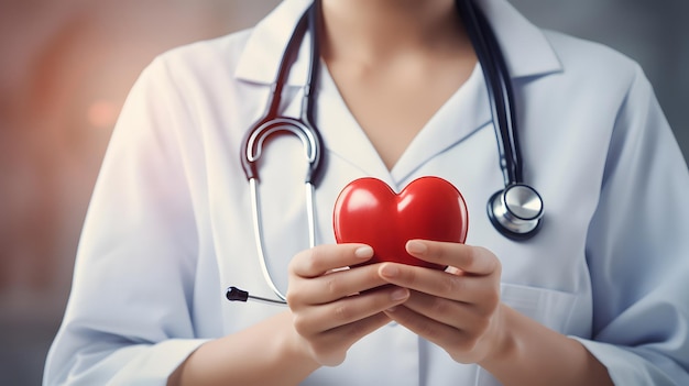 Vrouwelijke geneeskunde met stetoscoop die het rode hart vasthoudt