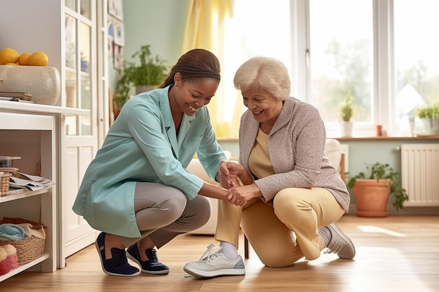 Foto vrouwelijke gezondheidszorgmedewerker die een oudere vrouw helpt om thuis een schoen op te zetten
