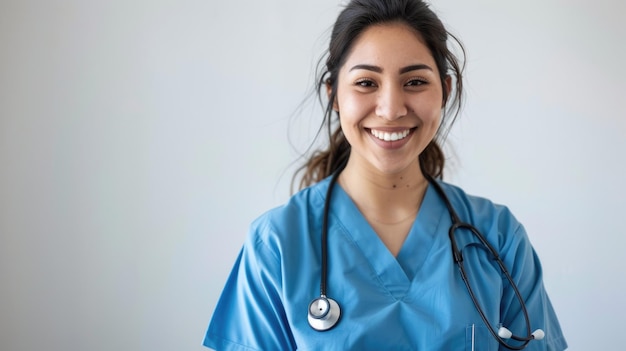 Vrouwelijke gezondheidszorgmedewerker in een blauw uniform glimlacht naar de camera geïsoleerd op een witte achtergrond