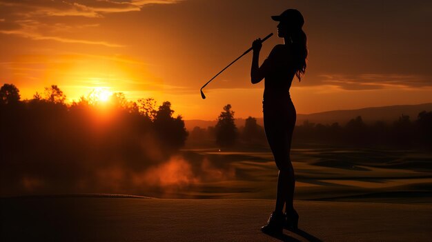 Vrouwelijke golfer in silhouet geniet van een prachtige zonsondergang Generatieve AI