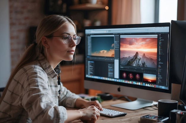 Foto vrouwelijke grafische ontwerper geconcentreerd op het werk in een gezellig kantoor thuis met dubbele monitors omringd