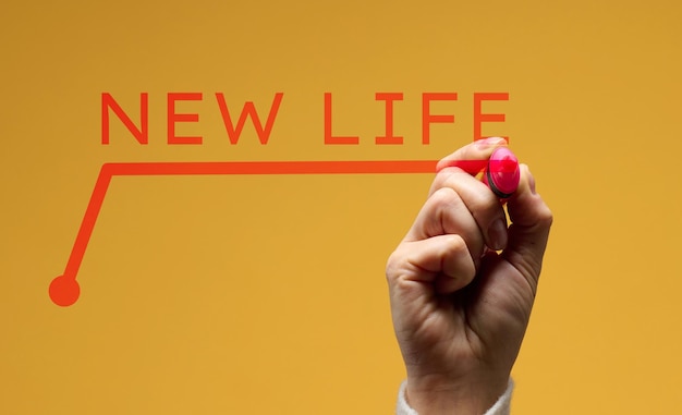 Vrouwelijke hand houdt een roze markering de inscriptie nieuw leven op een gele achtergrond Het concept van het starten van een bedrijf het begin van een nieuwe periode in het leven